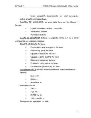 CAPÍTULO V PRESENTACIÓN Y DISCUSIÓN DE RESULTADOS
• Existe corrosión?: Seguramente, por estar sumergidas
debido a las filtraciones por lluvia.
CÁMARA DE MANIOBRAS: se encontraba llena de Murciélagos y
Avispas.
• Existen filtraciones de agua?: Si existen
• Iluminación: No tiene
• Ventilación: Si tiene
CANAL DE DESCARGA: Estaba descargando menos de 1 l/s, el canal
se encuentra con vegetación escasa.
EQUIPO ADICIONAL: No tiene
• Planta eléctrica de emergencia: No tiene
• Polipastos y grúas: No tiene
• Equipos de soldadura: No tiene
• Equipos de Sand Blasting: No tiene
• Sistema de escaleras: No tiene
• Extinguidor de incendios: No tiene
• Otros equipos (especificar): No tiene
CUERPO DE AGUA: El vaso de almacenamiento no fue desforestado.
Troncos:
• Escaso: Si
• Medio: --
• Abundante: --
Malezas acuáticas:
• 5 Ha: --
• 5-20 Ha: --
• 20-100 Ha: Si
• 100 o mas Ha: --
Deslizamientos en el vaso: No tiene
74
 