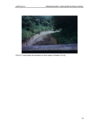 CAPÍTULO V PRESENTACIÓN Y DISCUSIÓN DE RESULTADOS
Foto 5.4. Canal rápido del aliviadero en buen estado. Embalse “El Cují”.
78
 