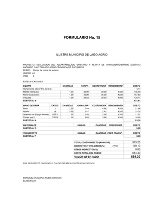 FORMULARIO No. 15



ANALISIS DE PRECIOS UNITARIOS MUNICIPIO DE LAGO AGRIO
                      ILUSTRE


PROYECTO: EVALUACION DEL ALCANTARILLADO SANITARIO Y PLANTA DE TRATAMIENTO-BARRIO GUSTAVO
ANDRADE, CANTON LAGO AGRIO PROVINCIA DE SUCUMBIOS
RUBRO : Rotura de pozos de revision
UNIDAD: m2
ITEM    :6

ESPECIFICACIONES:

EQUIPO                               CANTIDAD         TARIFA     COSTO HORA     RENDIMIENTO         COSTO
Herramienta Menor 5% de M.O.                                                                           4.17
Martillo Hidraulico                       1.00           30.00          30.00              4.500     135.00
Retro-Excavadora                          1.00           35.00          35.00              4.500     157.50
Volqueta                                  1.00           30.03          30.03              4.500     135.14
SUBTOTAL M                                                                                           431.81

MANO DE OBRA                CATEG.   CANTIDAD      JORNAL/HR     COSTO HORA RENDIMIENTO             COSTO
Peon                            I         2.00           2.44            4.88       4.500             21.96
Albañil                        III        3.00           2.47            7.41       4.500             33.35
Operador de Equipo Pesado    OEP 1        1.00           2.56            2.56       4.500             11.52
Chofer tipo E                TIPOE        1.00           3.68            3.68       4.500             16.56
SUBTOTAL N                                                                                            83.39

MATERIALES                                         UNIDAD          CANTIDAD     PRECIO UNIT.        COSTO
SUBTOTAL O                                                                                            0.00

TRANSPORTE                                         UNIDAD          CANTIDAD PREC.TRANSP.            COSTO
SUBTOTAL P                                                                                            0.00


                                                 TOTAL COSTO DIRECTO (M+N+O+P)                     515.20
                                                 INDIRECTOS Y UTILIDADES(%)        27.00           139.10
                                                 OTROS INDIRECTOS(%)                                 0.00
                                                 COSTO TOTAL DEL RUBRO                             654.30
                                                 VALOR OFERTADO                                    654.30

SON: SEISCIENTOS CINCUENTA Y CUATRO DÓLARES CON TREINTA CENTAVOS




ENRIQUEZ OCAMPOS ROBIN CRISTIAN
ELABORADO
 