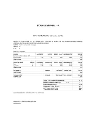 FORMULARIO No. 15



ANALISIS DE PRECIOS UNITARIOS MUNICIPIO DE LAGO AGRIO
                      ILUSTRE


PROYECTO: EVALUACION DEL ALCANTARILLADO SANITARIO Y PLANTA DE TRATAMIENTO-BARRIO GUSTAVO
ANDRADE, CANTON LAGO AGRIO PROVINCIA DE SUCUMBIOS
RUBRO : Relleno compactado de zanjas
UNIDAD: m3
ITEM    :9

ESPECIFICACIONES:

EQUIPO                              CANTIDAD         TARIFA     COSTO HORA     RENDIMIENTO        COSTO
Herramienta Menor 5% de M.O.                                                                        0.09
Compactador                              1.00            3.00           3.00              0.850     2.55
SUBTOTAL M                                                                                          2.64

MANO DE OBRA               CATEG.   CANTIDAD      JORNAL/HR     COSTO HORA RENDIMIENTO            COSTO
Peon                          I          2.00           2.44            4.88       0.170            0.83
Ayudante                     II          2.00           2.56            5.12       0.170            0.87
SUBTOTAL N                                                                                          1.70

MATERIALES                                        UNIDAD          CANTIDAD     PRECIO UNIT.       COSTO
SUBTOTAL O                                                                                          0.00

TRANSPORTE                                        UNIDAD          CANTIDAD PREC.TRANSP.           COSTO
SUBTOTAL P                                                                                          0.00


                                                TOTAL COSTO DIRECTO (M+N+O+P)                      4.34
                                                INDIRECTOS Y UTILIDADES(%)        27.00            1.17
                                                OTROS INDIRECTOS(%)                                0.00
                                                COSTO TOTAL DEL RUBRO                              5.51
                                                VALOR OFERTADO                                     5.51

SON: CINCO DÓLARES CON CINCUENTA Y UN CENTAVOS




ENRIQUEZ OCAMPOS ROBIN CRISTIAN
ELABORADO
 