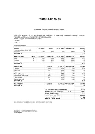 FORMULARIO No. 15



ANALISIS DE PRECIOS UNITARIOS MUNICIPIO DE LAGO AGRIO
                      ILUSTRE


PROYECTO: EVALUACION DEL ALCANTARILLADO SANITARIO Y PLANTA DE TRATAMIENTO-BARRIO GUSTAVO
ANDRADE, CANTON LAGO AGRIO PROVINCIA DE SUCUMBIOS
RUBRO : Caja de revision 0.60*0.60; incluye Exc.
UNIDAD: u
ITEM    : 11

ESPECIFICACIONES:

EQUIPO                               CANTIDAD         TARIFA     COSTO HORA     RENDIMIENTO         COSTO
Herramienta Menor 5% de M.O.                                                                          1.29
Concretera                                1.00            5.00           5.00              0.850      4.25
SUBTOTAL M                                                                                            5.54

MANO DE OBRA                CATEG.   CANTIDAD      JORNAL/HR     COSTO HORA RENDIMIENTO             COSTO
Peon                           I          8.00           2.44           19.52       0.800             15.62
Ayudante                       II         4.00           2.56           10.24       0.850              8.70
Maestro mayor                 IV          1.00           2.54            2.54       0.560              1.42
SUBTOTAL N                                                                                            25.74

MATERIALES                                         UNIDAD          CANTIDAD     PRECIO UNIT.        COSTO
Cemento                                             saco               3.170            6.20          19.65
Lastre Fino                                          m3                0.550           10.00           5.50
Agua                                                 m3                0.100            5.00           0.50
Acero de Refuerzo                                    kg               10.500            1.77          18.59
Encofrado de cajas (0-1m)                           glob               1.000            8.50           8.50
Lastre Grueso                                        m3                0.200           10.00           2.00
Alambre galv. #18                                    kg                1.500            2.90           4.35
SUBTOTAL O                                                                                            59.09

TRANSPORTE                                         UNIDAD          CANTIDAD PREC.TRANSP.            COSTO
SUBTOTAL P                                                                                            0.00


                                                 TOTAL COSTO DIRECTO (M+N+O+P)                      90.37
                                                 INDIRECTOS Y UTILIDADES(%)        27.00            24.40
                                                 OTROS INDIRECTOS(%)                                 0.00
                                                 COSTO TOTAL DEL RUBRO                             114.77
                                                 VALOR OFERTADO                                    114.77

SON: CIENTO CATORCE DÓLARES CON SETENTA Y SIETE CENTAVOS




ENRIQUEZ OCAMPOS ROBIN CRISTIAN
ELABORADO
 