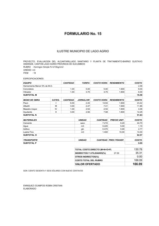 FORMULARIO No. 15



ANALISIS DE PRECIOS UNITARIOS MUNICIPIO DE LAGO AGRIO
                      ILUSTRE


PROYECTO: EVALUACION DEL ALCANTARILLADO SANITARIO Y PLANTA DE TRATAMIENTO-BARRIO GUSTAVO
ANDRADE, CANTON LAGO AGRIO PROVINCIA DE SUCUMBIOS
RUBRO : Hormigon Simple f'c=210kg/cm2
UNIDAD: m3
ITEM    : 18

ESPECIFICACIONES:

EQUIPO                              CANTIDAD         TARIFA     COSTO HORA     RENDIMIENTO         COSTO
Herramienta Menor 5% de M.O.                                                                          2.58
Concretera                               1.00            5.00           5.00              1.600       8.00
Vibrador                                 1.00            3.75           3.75              1.600       6.00
SUBTOTAL M                                                                                           16.58

MANO DE OBRA               CATEG.   CANTIDAD      JORNAL/HR     COSTO HORA RENDIMIENTO             COSTO
Peon                          I          6.00           2.44           14.64       1.600             23.42
Albañil                      III         3.00           2.47            7.41       1.600             11.86
Maestro mayor                IV          1.00           2.54            2.54       1.600              4.06
Ayudante                      II         3.00           2.56            7.68       1.600             12.29
SUBTOTAL N                                                                                           51.63

MATERIALES                                        UNIDAD          CANTIDAD     PRECIO UNIT.        COSTO
Cemento                                            saco               7.210            6.20          44.70
Agua                                                m3                0.220            5.00           1.10
Aditivo                                             gln               0.470            5.90           2.77
Lastre Fino                                         m3                1.400           10.00          14.00
SUBTOTAL O                                                                                           62.57

TRANSPORTE                                        UNIDAD          CANTIDAD PREC.TRANSP.            COSTO
SUBTOTAL P                                                                                           0.00


                                                TOTAL COSTO DIRECTO (M+N+O+P)                     130.78
                                                INDIRECTOS Y UTILIDADES(%)        27.00            35.31
                                                OTROS INDIRECTOS(%)                                 0.00
                                                COSTO TOTAL DEL RUBRO                             166.09
                                                VALOR OFERTADO                                    166.09

SON: CIENTO SESENTA Y SEIS DÓLARES CON NUEVE CENTAVOS




ENRIQUEZ OCAMPOS ROBIN CRISTIAN
ELABORADO
 