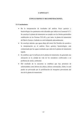 CAPITULO V


                    CONCLUSIONES Y RECOMENDACIONES.


5.1 Conclusiones.

      De la interpretación de resultados del análisis físico químico y
      bacteriológico los parámetros más afectados que indica en el numeral 4.3.1
      Se concluye la planta de tratamiento no cumple con los límites permisibles
      establecidos en las Normas TULAS y por tanto, la planta de tratamiento
      del Barrio Gustavo Andrade no está trabajando adecuadamente.
      Se concluye además, que aguas abajo del estero Sin Nombre de acuerdo a
      la interpretación en el análisis físico químico bacteriológico está
      contaminado por las aguas residuales que salen de la planta de tratamiento
      tapada.
      Se establece que la ineficacia de la planta de tratamiento, ha generado una
      afectación en la calidad de vida de los moradores conllevando a un
      problema de salud y ambiental.
      Del resultado de la encuestas se establece que hay presencia de
      enfermedades como dolores de cabeza, dolores estomacales, fiebre, lo cual
      puede ser provocado por la proliferación de mosquitos proveniente del
      área de la planta de tratamiento.




                                          57
 