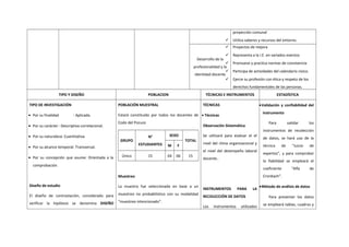 proyección comunal
 Utiliza saberes y recursos del entorno.
Desarrollo de la
profesionalidad y la
identidad docente
 Proyectos de mejora
 Representa a la I.E. en variados eventos
 Promueve y practica normas de convivencia
 Participa de actividades del calendario cívico.
 Ejerce su profesión con ética y respeto de los
derechos fundamentales de las personas.
TIPO Y DISEÑO POBLACION TÉCNICAS E INSTRUMENTOS ESTADÍSTICA
TIPO DE INVESTIGACIÓN
• Por su finalidad : Aplicada.
• Por su carácter : Descriptiva correlacional.
• Por su naturaleza: Cuantitativa.
• Por su alcance temporal: Transversal.
• Por su concepción que asume: Orientada a la
comprobación.
Diseño de estudio
El diseño de contrastación, considerado para
verificar la hipótesis se denomina DISEÑO
POBLACIÓN MUESTRAL
Estará constituido por todos los docentes de
Codo del Pozuzo
GRUPO
N°
ESTUDIANTES
SEXO
TOTAL
M F
Único 15 04 06 15
Muestreo
La muestra fue seleccionada en base a un
muestreo no probabilístico con su modalidad
“muestreo intencionado”.
TÉCNICAS
• Técnicas
Observación Sistemática
Se utilizará para evaluar el el
nivel del clima organizacional y
el nivel del desempeño laboral
docente..
INSTRUMENTOS PARA LA
RECOLECCIÓN DE DATOS
Los instrumentos utilizados
•Validación y confiabilidad del
instrumento
Para validar los
instrumentos de recolección
de datos, se hará uso de la
técnica de “Juicio de
expertos”, y para comprobar
la fiabilidad se empleará el
coeficiente “Alfa de
Cronbach”.
•Método de análisis de datos
Para presentar los datos
se empleará tablas, cuadros y
 