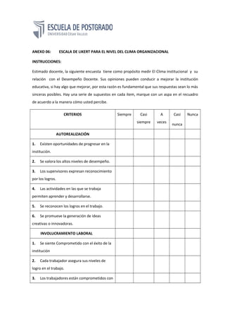 ANEXO 06: ESCALA DE LIKERT PARA EL NIVEL DEL CLIMA ORGANIZACIONAL
INSTRUCCIONES:
Estimado docente, la siguiente encuesta tiene como propósito medir El Clima institucional y su
relación con el Desempeño Docente. Sus opiniones pueden conducir a mejorar la institución
educativa, si hay algo que mejorar, por esta razón es fundamental que sus respuestas sean lo más
sinceras posibles. Hay una serie de supuestos en cada ítem, marque con un aspa en el recuadro
de acuerdo a la manera cómo usted percibe.
CRITERIOS Siempre Casi
siempre
A
veces
Casi
nunca
Nunca
AUTOREALIZACIÓN
1. Existen oportunidades de progresar en la
institución.
2. Se valora los altos niveles de desempeño.
3. Los supervisores expresan reconocimiento
por los logros.
4. Las actividades en las que se trabaja
permiten aprender y desarrollarse.
5. Se reconocen los logros en el trabajo.
6. Se promueve la generación de ideas
creativas o innovadoras.
INVOLUCRAMIENTO LABORAL
1. Se siente Comprometido con el éxito de la
institución
2. Cada trabajador asegura sus niveles de
logro en el trabajo.
3. Los trabajadores están comprometidos con
 