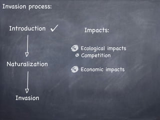 Introduction
Naturalization
Invasion
Ecological impacts
Competition
Economic impacts
Impacts:
Invasion process:
 