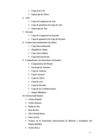 •   Copa de la CAF
       •   Supercopa de Africa
6. Asia:
       •   Copa de Campeones de Asia
       •   Copa de ganadores de Copa de Asia
       •   Supercopa de Asia
7. Oceanía:
       •   Copa de Campeones de Oceanía
       •   Copa de ganadores de Copa de Oceanía
8. Trofeos intercontinentales de clubes:
       •   Copa Intercontinental
       •   Mundial de Clubes
       •   Copa Afro-Asiática
       •   Copa Interamericana
9. Competiciones de Selecciones Nacionales:
       •   Campeonatos del Mundo
       •   Eurocopa de Naciones
       •   Copa de América
       •   Copa Concacaf
       •   Copa de Africa
       •   Copa de Asia
       •   Copa de Oceanía
       •   Copa de las Confederaciones
       •   Juegos Olímpicos
10. Trofeos individuales:
   •   Trofeo Pichichi
   •   Trofeo Zamora
   •   Balón de Oro
   •   Bota de Oro
   •   FIFA World Player
   •   Onze de Oro
   •   Trofeos de la Federación Internacional de Historia y Estadística del
       Fútbol (IFFHS)
   •   Trofeo Bravo

                                                                       10
 