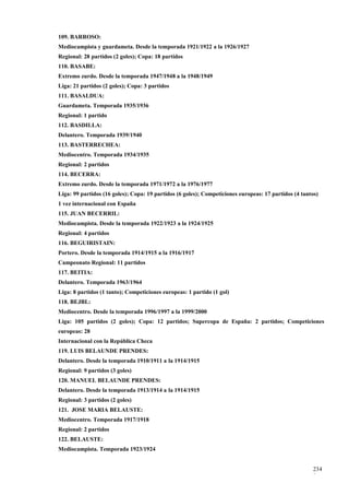 109. BARROSO:
Mediocampista y guardameta. Desde la temporada 1921/1922 a la 1926/1927
Regional: 28 partidos (2 goles); Copa: 18 partidos
110. BASABE:
Extremo zurdo. Desde la temporada 1947/1948 a la 1948/1949
Liga: 21 partidos (2 goles); Copa: 3 partidos
111. BASALDUA:
Guardameta. Temporada 1935/1936
Regional: 1 partido
112. BASDILLA:
Delantero. Temporada 1939/1940
113. BASTERRECHEA:
Mediocentro. Temporada 1934/1935
Regional: 2 partidos
114. BECERRA:
Extremo zurdo. Desde la temporada 1971/1972 a la 1976/1977
Liga: 99 partidos (16 goles); Copa: 19 partidos (6 goles); Competiciones europeas: 17 partidos (4 tantos)
1 vez internacional con España
115. JUAN BECERRIL:
Mediocampista. Desde la temporada 1922/1923 a la 1924/1925
Regional: 4 partidos
116. BEGUIRISTAIN:
Portero. Desde la temporada 1914/1915 a la 1916/1917
Campeonato Regional: 11 partidos
117. BEITIA:
Delantero. Temporada 1963/1964
Liga: 8 partidos (1 tanto); Competiciones europeas: 1 partido (1 gol)
118. BEJBL:
Mediocentro. Desde la temporada 1996/1997 a la 1999/2000
Liga: 105 partidos (2 goles); Copa: 12 partidos; Supercopa de España: 2 partidos; Competiciones
europeas: 28
Internacional con la República Checa
119. LUIS BELAUNDE PRENDES:
Delantero. Desde la temporada 1910/1911 a la 1914/1915
Regional: 9 partidos (3 goles)
120. MANUEL BELAUNDE PRENDES:
Delantero. Desde la temporada 1913/1914 a la 1914/1915
Regional: 3 partidos (2 goles)
121. JOSE MARIA BELAUSTE:
Mediocentro. Temporada 1917/1918
Regional: 2 partidos
122. BELAUSTE:
Mediocampista. Temporada 1923/1924


                                                                                                      234
                                                                                                      9
 
