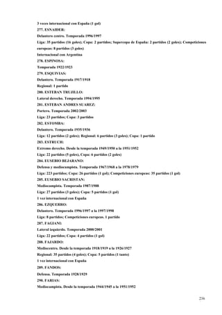 3 veces internacional con España (1 gol)
277. ESNAIDER:
Delantero centro. Temporada 1996/1997
Liga: 35 partidos (16 goles); Copa: 2 partidos; Supercopa de España: 2 partidos (2 goles); Competiciones
europeas: 8 partidos (3 goles)
Internacional con Argentina
278. ESPINOSA:
Temporada 1922/1923
279. ESQUIVIAS:
Delantero. Temporada 1917/1918
Regional: 1 partido
280. ESTEBAN TRUJILLO:
Lateral derecho. Temporada 1994/1995
281. ESTEBAN ANDRES SUAREZ:
Portero. Temporada 2002/2003
Liga: 23 partidos; Copa: 3 partidos
282. ESTOMBA:
Delantero. Temporada 1935/1936
Liga: 12 partidos (2 goles); Regional: 6 partidos (3 goles); Copa: 1 partido
283. ESTRUCH:
Extremo derecho. Desde la temporada 1949/1950 a la 1951/1952
Liga: 22 partidos (5 goles), Copa: 6 partidos (2 goles)
284. EUSEBIO BEJARANO:
Defensa y mediocampista. Temporada 1967/1968 a la 1978/1979
Liga: 223 partidos; Copa: 26 partidos (1 gol); Competiciones europeas: 35 partidos (1 gol)
285. EUSEBIO SACRISTAN:
Mediocampista. Temporada 1987/1988
Liga: 27 partidos (3 goles); Copa: 5 partidos (1 gol)
1 vez internacional con España
286. EZQUERRO:
Delantero. Temporada 1996/1997 a la 1997/1998
Liga: 8 partidos; Competiciones europeas. 1 partido
287. FAGIANI:
Lateral izquierdo. Temporada 2000/2001
Liga: 22 partidos; Copa: 4 partidos (1 gol)
288. FAJARDO:
Mediocentro. Desde la temporada 1918/1919 a la 1926/1927
Regional: 35 partidos (4 goles); Copa: 5 partidos (1 tanto)
1 vez internacional con España
289. FANDOS:
Defensa. Temporada 1928/1929
290. FARIAS:
Mediocampista. Desde la temporada 1944/1945 a la 1951/1952


                                                                                                   236
                                                                                                   1
 