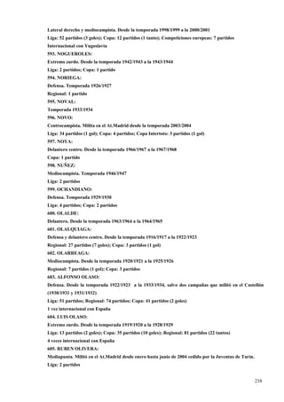 Lateral derecho y mediocampista. Desde la temporada 1998/1999 a la 2000/2001
Liga: 52 partidos (3 goles); Copa: 12 partidos (1 tanto); Competiciones europeas: 7 partidos
Internacional con Yugoslavia
593. NOGUEROLES:
Extremo zurdo. Desde la temporada 1942/1943 a la 1943/1944
Liga: 2 partidos; Copa: 1 partido
594. NORIEGA:
Defensa. Temporada 1926/1927
Regional: 1 partido
595. NOVAL:
Temporada 1933/1934
596. NOVO:
Centrocampista. Milita en el At.Madrid desde la temporada 2003/2004
Liga: 34 partidos (1 gol); Copa: 4 partidos; Copa Intertoto: 3 partidos (1 gol)
597. NOYA:
Delantero centro. Desde la temporada 1966/1967 a la 1967/1968
Copa: 1 partido
598. NUÑEZ:
Mediocampista. Temporada 1946/1947
Liga: 2 partidos
599. OCHANDIANO:
Defensa. Temporada 1929/1930
Liga: 4 partidos; Copa: 2 partidos
600. OLALDE:
Delantero. Desde la temporada 1963/1964 a la 1964/1965
601. OLALQUIAGA:
Defensa y delantero centro. Desde la temporada 1916/1917 a la 1922/1923
Regional: 27 partidos (7 goles); Copa: 3 partidos (1 gol)
602. OLARREAGA:
Mediocampista. Desde la temporada 1920/1921 a la 1925/1926
Regional: 7 partidos (1 gol); Copa: 3 partidos
603. ALFONSO OLASO:
Defensa. Desde la temporada 1922/1923 a la 1933/1934, salvo dos campañas que militó en el Castellón
(1930/1931 y 1931/1932)
Liga: 51 partidos; Regional: 74 partidos; Copa: 41 partidos (2 goles)
1 vez internacional con España
604. LUIS OLASO:
Extremo zurdo. Desde la temporada 1919/1920 a la 1928/1929
Liga: 13 partidos (2 goles); Copa: 35 partidos (10 goles); Regional: 81 partidos (22 tantos)
4 veces internacional con España
605. RUBEN OLIVERA:
Mediapunta. Militó en el At.Madrid desde enero hasta junio de 2004 cedido por la Juventus de Turín.
Liga: 2 partidos


                                                                                                      238
                                                                                                      4
 