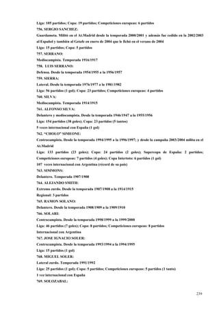 Liga: 105 partidos; Copa: 19 partidos; Competiciones europeas: 6 partidos
756. SERGIO SANCHEZ:
Guardameta. Militó en el At.Madrid desde la temporada 2000/2001 y además fue cedido en la 2002/2003
al Español y también al Getafe en enero de 2004 que le fichó en el verano de 2004
Liga: 15 partidos; Copa: 5 partidos
757. SERRANO:
Mediocampista. Temporada 1916/1917
758. LUIS SERRANO:
Defensa. Desde la temporada 1954/1955 a la 1956/1957
759. SIERRA:
Lateral. Desde la temporada 1976/1977 a la 1981/1982
Liga: 56 partidos (1 gol); Copa: 23 partidos; Competiciones europeas: 4 partidos
760. SILVA:
Mediocampista. Temporada 1914/1915
761. ALFONSO SILVA:
Delantero y mediocampista. Desde la temporada 1946/1947 a la 1955/1956
Liga: 154 partidos (38 goles); Copa: 23 partidos (5 tantos)
5 veces internacional con España (1 gol)
762. “CHOLO” SIMEONE:
Centrocampista. Desde la temporada 1994/1995 a la 1996/1997; y desde la campaña 2003/2004 milita en el
At.Madrid
Liga: 133 partidos (23 goles); Copa: 24 partidos (2 goles); Supercopa de España: 2 partidos;
Competiciones europeas: 7 partidos (4 goles); Copa Intertoto: 6 partidos (1 gol)
107 veces internacional con Argentina (récord de su país)
763. SIMMONS:
Delantero. Temporada 1907/1908
764. ALEJANDO SMITH:
Extremo zurdo. Desde la temporada 1907/1908 a la 1914/1915
Regional: 3 partidos
765. RAMON SOLANO:
Delantero. Desde la temporada 1908/1909 a la 1909/1910
766. SOLARI:
Centrocampista. Desde la temporada 1998/1999 a la 1999/2000
Liga: 46 partidos (7 goles); Copa: 8 partidos; Competiciones europeas: 8 partidos
Internacional con Argentina
767. JOSE IGNACIO SOLER:
Centrocampista. Desde la temporada 1993/1994 a la 1994/1995
Liga: 15 partidos (1 gol)
768. MIGUEL SOLER:
Lateral zurdo. Temporada 1991/1992
Liga: 25 partidos (1 gol); Copa: 5 partidos; Competiciones europeas: 5 partidos (1 tanto)
1 vez internacional con España
769. SOLOZABAL:


                                                                                                 239
                                                                                                 6
 