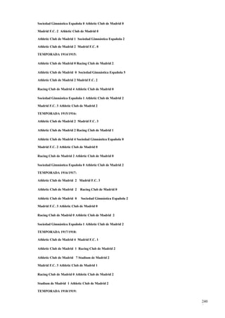 Sociedad Gimnástica Española 0 Athletic Club de Madrid 0

Madrid F.C. 2 Athletic Club de Madrid 0

Athletic Club de Madrid 1 Sociedad Gimnástica Española 2

Athletic Club de Madrid 2 Madrid F.C. 0

TEMPORADA 1914/1915:

Athletic Club de Madrid 0 Racing Club de Madrid 2

Athletic Club de Madrid 0 Sociedad Gimnástica Española 5

Athletic Club de Madrid 2 Madrid F.C. 2

Racing Club de Madrid 4 Athletic Club de Madrid 0

Sociedad Gimnástica Española 1 Athletic Club de Madrid 2

Madrid F.C. 3 Athletic Club de Madrid 2

TEMPORADA 1915/1916:

Athletic Club de Madrid 2 Madrid F.C. 3

Athletic Club de Madrid 2 Racing Club de Madrid 1

Athletic Club de Madrid 4 Sociedad Gimnástica Española 0

Madrid F.C. 2 Athletic Club de Madrid 0

Racing Club de Madrid 2 Athletic Club de Madrid 0

Sociedad Gimnástica Española 0 Athletic Club de Madrid 2

TEMPORADA 1916/1917:

Athletic Club de Madrid 2 Madrid F.C. 3

Athletic Club de Madrid 2   Racing Club de Madrid 0

Athletic Club de Madrid 0   Sociedad Gimnástica Española 2

Madrid F.C. 3 Athletic Club de Madrid 0

Racing Club de Madrid 0 Athletic Club de Madrid 2

Sociedad Gimnástica Española 1 Athletic Club de Madrid 2

TEMPORADA 1917/1918:

Athletic Club de Madrid 4 Madrid F.C. 1

Athletic Club de Madrid 1 Racing Club de Madrid 2

Athletic Club de Madrid 7 Stadium de Madrid 2

Madrid F.C. 3 Athletic Club de Madrid 1

Racing Club de Madrid 0 Athletic Club de Madrid 2

Stadium de Madrid 1 Athletic Club de Madrid 2

TEMPORADA 1918/1919:


                                                             240
                                                             8
 