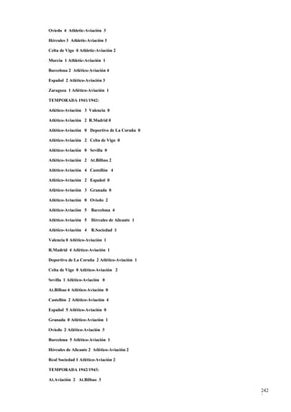 Oviedo 4 Athletic-Aviación 3

Hércules 3 Athletic-Aviación 3

Celta de Vigo 0 Athletic-Aviación 2

Murcia 1 Athletic-Aviación 1

Barcelona 2 Atlético-Aviación 4

Español 2 Atlético-Aviación 3

Zaragoza 1 Atlético-Aviación 1

TEMPORADA 1941/1942:

Atlético-Aviación 3 Valencia 0

Atlético-Aviación 2 R.Madrid 0

Atlético-Aviación 0 Deportivo de La Coruña 0

Atlético-Aviación 2 Celta de Vigo 0

Atlético-Aviación 0 Sevilla 0

Atlético-Aviación 2 At.Bilbao 2

Atlético-Aviación 4 Castellón 4

Atlético-Aviación 2 Español 0

Atlético-Aviación 3 Granada 0

Atlético-Aviación 0 Oviedo 2

Atlético-Aviación 5   Barcelona 4

Atlético-Aviación 5   Hércules de Alicante 1

Atlético-Aviación 4   R.Sociedad 1

Valencia 0 Atlético-Aviación 1

R.Madrid 4 Atlético-Aviación 1

Deportivo de La Coruña 2 Atlético-Aviación 1

Celta de Vigo 0 Atlético-Aviación 2

Sevilla 1 Atlético-Aviación 0

At.Bilbao 6 Atlético-Aviación 0

Castellón 2 Atlético-Aviación 4

Español 5 Atlético-Aviación 0

Granada 0 Atlético-Aviación 1

Oviedo 2 Atlético-Aviación 3

Barcelona 5 Atlético-Aviación 1

Hércules de Alicante 2 Atlético-Aviación 2

Real Sociedad 1 Atlético-Aviación 2

TEMPORADA 1942/1943:

At.Aviación 2 At.Bilbao 3

                                               242
                                               3
 