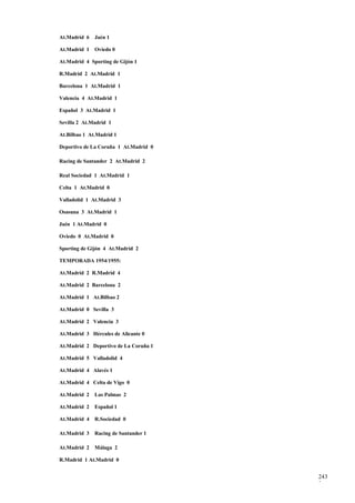 At.Madrid 6   Jaén 1

At.Madrid 1   Oviedo 0

At.Madrid 4 Sporting de Gijón 1

R.Madrid 2 At.Madrid 1

Barcelona 1 At.Madrid 1

Valencia 4 At.Madrid 1

Español 3 At.Madrid 1

Sevilla 2 At.Madrid 1

At.Bilbao 1 At.Madrid 1

Deportivo de La Coruña 1 At.Madrid 0

Racing de Santander 2 At.Madrid 2

Real Sociedad 1 At.Madrid 1

Celta 1 At.Madrid 0

Valladolid 1 At.Madrid 3

Osasuna 3 At.Madrid 1

Jaén 1 At.Madrid 0

Oviedo 0 At.Madrid 0

Sporting de Gijón 4 At.Madrid 2

TEMPORADA 1954/1955:

At.Madrid 2 R.Madrid 4

At.Madrid 2 Barcelona 2

At.Madrid 1 At.Bilbao 2

At.Madrid 0 Sevilla 3

At.Madrid 2 Valencia 3

At.Madrid 3 Hércules de Alicante 0

At.Madrid 2 Deportivo de La Coruña 1

At.Madrid 5 Valladolid 4

At.Madrid 4 Alavés 1

At.Madrid 4 Celta de Vigo 0

At.Madrid 2   Las Palmas 2

At.Madrid 2   Español 1

At.Madrid 4   R.Sociedad 0

At.Madrid 3   Racing de Santander 1

At.Madrid 2   Málaga 2

R.Madrid 1 At.Madrid 0


                                       243
                                       3
 