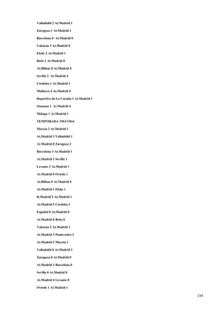 Valladolid 2 At.Madrid 1

Zaragoza 1 At.Madrid 1

Barcelona 0 At.Madrid 0

Valencia 3 At.Madrid 0

Elche 2 At.Madrid 1

Betis 1 At.Madrid 0

At.Bilbao 0 At.Madrid 0

Sevilla 2 At.Madrid 4

Córdoba 1 At.Madrid 1

Mallorca 4 At.Madrid 0

Deportivo de La Coruña 1 At.Madrid 1

Osasuna 1 At.Madrid 4

Málaga 1 At.Madrid 1

TEMPORADA 1963/1964:

Murcia 2 At.Madrid 1

At.Madrid 3 Valladolid 1

At.Madrid 0 Zaragoza 2

Barcelona 3 At.Madrid 1

At.Madrid 1 Sevilla 1

Levante 2 At.Madrid 1

At.Madrid 0 Oviedo 1

At.Bilbao 0 At.Madrid 0

At.Madrid 1 Elche 1

R.Madrid 5 At.Madrid 1

At.Madrid 5 Córdoba 1

Español 0 At.Madrid 0

At.Madrid 0 Betis 0

Valencia 2 At.Madrid 1

At.Madrid 3 Pontevedra 2

At.Madrid 2 Murcia 1

Valladolid 0 At.Madrid 3

Zaragoza 0 At.Madrid 0

At.Madrid 1 Barcelona 0

Sevilla 0 At.Madrid 0

At.Madrid 4 Levante 0

Oviedo 1 At.Madrid 1

                                       244
                                       1
 