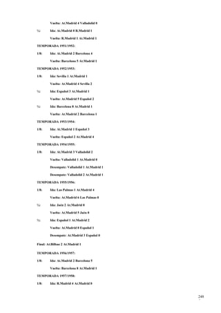 Vuelta: At.Madrid 4 Valladolid 0

¼:      Ida: At.Madrid 0 R.Madrid 1

        Vuelta: R.Madrid 1 At.Madrid 1

TEMPORADA 1951/1952:

1/8:    Ida: At.Madrid 2 Barcelona 4

        Vuelta: Barcelona 5 At.Madrid 1

TEMPORADA 1952/1953:

1/8:    Ida: Sevilla 1 At.Madrid 1

        Vuelta: At.Madrid 4 Sevilla 2

¼:      Ida: Español 3 At.Madrid 1

        Vuelta: At.Madrid 5 Español 2

½:      Ida: Barcelona 8 At.Madrid 1

        Vuelta: At.Madrid 2 Barcelona 1

TEMPORADA 1953/1954:

1/8:    Ida: At.Madrid 1 Español 3

        Vuelta: Español 2 At.Madrid 4

TEMPORADA 1954/1955:

1/8:    Ida: At.Madrid 3 Valladolid 2

        Vuelta: Valladolid 1 At.Madrid 0

        Desempate: Valladolid 1 At.Madrid 1

        Desempate: Valladolid 2 At.Madrid 1

TEMPORADA 1955/1956:

1/8:    Ida: Las Palmas 1 At.Madrid 4

        Vuelta: At.Madrid 6 Las Palmas 0

¼:      Ida: Jaén 2 At.Madrid 0

        Vuelta: At.Madrid 5 Jaén 0

½:      Ida: Español 1 At.Madrid 2

        Vuelta: At.Madrid 0 Español 1

        Desempate: At.Madrid 3 Español 0

Final: At.Bilbao 2 At.Madrid 1

TEMPORADA 1956/1957:

1/8:    Ida: At.Madrid 2 Barcelona 5

        Vuelta: Barcelona 8 At.Madrid 1

TEMPORADA 1957/1958:

1/8:    Ida: R.Madrid 4 At.Madrid 0


                                              248
                                              5
 