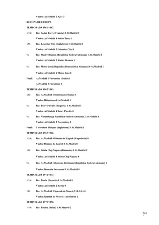 Vuelta: At.Madrid 2 Ajax 3

RECOPA DE EUROPA

TEMPORADA 1961/1962:

1/16:    Ida: Sedan Torcy (Francia) 2 At.Madrid 3

         Vuelta: At.Madrid 4 Sedan Torcy 1

1/8:     Ida: Leicester City (Inglaterra) 1 At.Madrid 1

         Vuelta: At.Madrid 2 Leicester City 0

¼:       Ida: Weder Bremen (República Federal Alemana) 1 At.Madrid 1

         Vuelta: At.Madrid 3 Weder Bremen 1

½:       Ida: Motor Jena (República Democrática Alemana) 0 At.Madrid 1

         Vuelta: At.Madrid 4 Motor Jena 0

Final:   At.Madrid 1 Fiorentina (Italia) 1

         At.Madrid 3 Fiorentina 0

TEMPORADA 1962/1963:

1/8:     Ida: At.Madrid 4 Hibernians (Malta) 0

         Vuelta: Hibernians 0 At.Madrid 1

¼:       Ida: Botev Plovdiv (Bulgaria) 1 At.Madrid 1

         Vuelta: At.Madrid 4 Botev Plovdiv 0

½:       Ida: Nuremberg ( República Federal Alemana) 2 At.Madrid 1

         Vuelta: At.Madrid 2 Nuremberg 0

Final:   Tottenham Hotspur (Inglaterra) 5 At.Madrid 1

TEMPORADA 1965/1966:

1/16:    Ida: At.Madrid 4 Dinamo de Zagreb (Yugoslavia) 0

         Vuelta: Dinamo de Zagreb 0 At.Madrid 1

1/8:     Ida: Stinta Cluj-Napoca (Rumania) 0 At.Madrid 2

         Vuelta: At.Madrid 4 Stinta Cluj-Napoca 0

¼:       Ida: At.Madrid 1 Borussia Dortmund (República Federal Alemana) 1

         Vuelta: Borussia Dortmund 1 At.Madrid 0

TEMPORADA 1972/1973:

1/16:    Ida: Bastia (Francia) 0 At.Madrid 0

         Vuelta: At.Madrid 2 Bastia 0

1/8:     Ida: At.Madrid 3 Spartak de Moscú (U.R.S.S.) 4

         Vuelta: Spartak de Moscú 1 At.Madrid 2

TEMPORADA 1975/1976:

1/16:    Ida: Basilea (Suiza) 1 At.Madrid 2

                                                                            249
                                                                            7
 