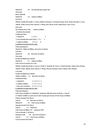 Madrid FC              3-0        San Sebastián Recreation Club
18 de abril
Retiro (Madrid)
Madrid FC              1-0        Athletic de Bilbao
Gol: Prast
Madrid: Alcalde, Berraondo, F. Alvarez, Bisbal, Lizárraga, E. Normand, Parages, Prast, Alonso, Revuelto, J. Yarza
Athletic: Prado, García, Irízar, Ruesch, T. Murga, Silva, Davies, R. De Tejada, Dayer, Sota, Larrea
20 de abril
San Sebastián Recr.Club              Athletic de Bilbao
 [resultado desconocido]
Clasificación final
1. Madrid FC                      2 2 0 0                     4
2. San Sebastián Recreation Club 2 1 0 1                  2
3. Athletic de Bilbao              2 0 0 2      0
CAMPEONATO DE ESPAÑA 1906
Clubes participantes:
Madrid FC, Athletic de Bilbao y Recreativo de Huelva
9 de abril
Madrid FC              3-0        Recreativo de Huelva
10 de abril
Estadio del Hipódromo, Madrid
Madrid FC              4-1        Athletic de Bilbao
Goles: Prast (2), Parages (2); Uribe
Madrid: Alcalde, Berraondo, J. Yarza, J. Giralt, E. Normand, M. Yarza, A. Giralt, Revuelto, Alonso, Prast, Parages
Athletic: Prado, Allende, Irízar, Eguren, T. Murga, Moreno, Zárraga, García, Celada, Uribe, Elósegui
11 de abril
Estadio del Hipódromo, Madrid
Athletic de Bilbao      2-1        Recreativo de Huelva
Clasificación final:
1. Madrid FC                       2 2 0 0 7- 1 4
2. Athletic de Bilbao              2 1 0 1 3- 5 2
3. Recreativo de Huelva            2 0 0 2 1- 5 0
CAMPEONATO DE ESPAÑA 1907
Clubes participantes:
Club Vizcaya de Bilbao [*], Madrid FC, Salamanca TFB, Recreativo de Huelva y Vigo FC
[*] Athletic de Bilbao se juntó con el Unión Vizcaíno para formar el Club Vizcaya de Bilbao
Primera Jornada 24 de Marzo
Vigo FC               3-3     Recreativo de Huelva
Madrid FC              2-3        Club Vizcaya de Bilbao
Segunda Jornada 25 de Marzo
Vigo FC               1-3     Madrid FC
Club Vizcaya de Bilbao 5-0            Salamanca TFB
Tercera Jornada 27 de Marzo
Salamanca TFB               2-0     Recreativo de Huelva
Vigo FC               2-1     Club Vizcaya de Bilbao
Cuarta Jornada 28 de Marzo


                                                                                                               260
                                                                                                               4
 