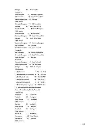 Europa            0-1       Real Sociedad
4 de marzo:
Real Sociedad         5-1        Iberia de Zaragoza
FC Barcelona          4-4        Real Unión de Irún
Patria de Zaragoza         2-3     Europa
11 de marzo:
Iberia de Zaragoza         0-1     FC Barcelona
Europa            0-3       Real Unión de Irún
Real Sociedad         4-1        Patria de Zaragoza
18 de marzo:
Real Sociedad         5-4        FC Barcelona
Patria de Zaragoza         0-7     Real Unión de Irún
Europa            7-0       Iberia de Zaragoza
25 de marzo:
Patria de Zaragoza         0-3     Iberia de Zaragoza
FC Barcelona          2-2        Europa
Real Unión de Irún         3-1     Real Sociedad
1 de abril:
FC Barcelona          7-0        Patria de Zaragoza
Iberia de Zaragoza         3-4     Real Unión de Irún
Real Sociedad         4-2        Europa
8 de abril:
Iberia de Zaragoza         1-3     Real Sociedad
Real Unión de Irún         2-3     FC Barcelona
Europa            4-2       Patria de Zaragoza
Clasificación:
1. FC Barcelona                        10 7 2 1 35-18 16
2. Real Sociedad (S Sebastián) 10 8 0 2 31-17 16
3. Real Unión de Irún                 10 7 1 2 36-17 15
4. Europa (Barcelona)                 10 3 1 6 22-21 7
5. Iberia SC (Zaragoza)               10 3 0 7 16-28 6
6. Patria Aragón (Zaragoza)           10 0 0 10 7-46 0
FC Barcelona y Real Sociedad clasificados
Grupo IV (Andalucía, Murcia, Valencia)
5 de febrero:
Real Betis        4-2       Levante FC
Valencia          4-0       Cartagena
Real Murcia          1-2         Sevilla FC
12 de febrero:
Levante           2-0       Sevilla FC
Real Murcia          1-0         Valencia
Real Betis        3-0       Cartagena
19 de febrero:
Sevilla FC        3-3        Real Betis
Cartagena            2-2     Real Murcia
Levante FC           1-3         Valencia
26 de febrero:

                                                           262
                                                           6
 