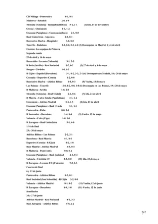 CD Málaga - Pontevedra                  0-1, 0-1
Mallorca - Sabadell                 2-0, 1-0
Mestalla (Valencia) - Indauchu (Bilbao)        5-1, 1-1         (1) Ida, 14 de noviembre
Orense - Onteniente                 1-3, 1-2
Osasuna (Pamplona) - Constancia (Inca)          2-1, 0-0
Real Unión Irún - Algeciras             4-0, 0-1
Recreativo Huelva - Hospitalet           3-0, 0-0
Tenerife - Badalona                 2-2, 0-0, 2-2, 4-0 (2) Desempates en Madrid, 1 y 6 de abril
Exentos: Los equipos de Primera
Segunda ronda
25 de abril y 16 de mayo
Baracaldo - Levante (Valencia)           3-1, 2-5
R Betis (Sevilla) - Real Sociedad        1-2, 0-2           (3) 27 de abril y 9 de mayo
Burgos - Córdoba                    1-0, 1-3
R Gijón - Español (Barcelona)            3-1, 0-2, 3-3, 2-1 (4) Desempates en Madrid, 18 y 20 de mayo
Granada - Deportivo Coruña                1-2, 0-0
Recreativo Huelva - Atlético Bilbao        1-0, 0-3           (5) Vuelta, 18 de mayo
Las Palmas - Tenerife                 2-0, 0-2, 0-0, 1-0 (6) Desempate en Las Palmas, 19 y 20 de mayo
R Mallorca - Sevilla                1-0, 2-0
Mestalla (Valencia) - Real Madrid          2-1, 0-6           (7) Ida, 24 de abril
R Murcia - Calvo Sotelo (Puertollano)          3-1, 1-2
Onteniente - Atlético Madrid            0-1, 1-5            (8) Ida, 23 de abril
Osasuna (Pamplona) - Real Oviedo               3-1, 1-1
Pontevedra - Elche                  0-0, 2-1
R Santander - Barcelona                1-4, 0-4            (9) Vuelta, 15 de mayo
Valencia - Celta (Vigo)              1-0, 1-0
R Zaragoza - Real Unión Irún             5-1, 4-0
1/16 de final
23 y 30 de mayo
Atlético Bilbao - Las Palmas            2-2, 2-1
Barcelona - Real Murcia                4-1, 0-1
Deportivo Coruña - R Gijón               0-2, 1-0
Real Madrid - Atlético Madrid             1-0, 0-4
R Mallorca - Pontevedra                0-0, 0-2
Osasuna (Pamplona) - Real Sociedad             2-1, 0-4
Valencia - Córdoba CF                  2-1, 0-0            (10) Ida, 22 de mayo
R Zaragoza - Levante UD (Valencia)             7-2, 2-3
Cuartos de final
6 y 13 de junio
Pontevedra - Atlético Bilbao            0-3, 0-1
Real Sociedad (San Sebastián) - R Gijón         3-2, 0-0
Valencia - Atlético Madrid             0-1, 0-2            (11) Vuelta, 12 de junio
R Zaragoza - Barcelona                 6-4, 1-0            (11) Vuelta, 12 de junio
Semifinales
20 y 27 de junio
Atlético Madrid - Real Sociedad           8-1, 3-3
Real Zaragoza - Atlético Bilbao          5-0, 2-2


                                                                                                        267
                                                                                                        0
 