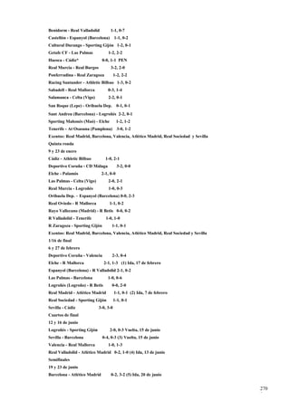 Benidorm - Real Valladolid         1-1, 0-7
Castellón - Espanyol (Barcelona)       1-1, 0-2
Cultural Durango - Sporting Gijón 1-2, 0-1
Getafe CF - Las Palmas           1-2, 2-2
Huesca - Cádiz*               0-0, 1-1 PEN
Real Murcia - Real Burgos          3-2, 2-0
Ponferradina - Real Zaragoza           1-2, 2-2
Racing Santander - Athletic Bilbao 1-3, 0-2
Sabadell - Real Mallorca         0-3, 1-4
Salamanca - Celta (Vigo)         2-2, 0-1
San Roque (Lepe) - Orihuela Dep.         0-1, 0-1
Sant Andreu (Barcelona) - Logroñés 2-2, 0-1
Sporting Mahonés (Maó) - Elche           1-2, 1-2
Tenerife - At Osasuna (Pamplona)         3-0, 1-2
Exentos: Real Madrid, Barcelona, Valencia, Atlético Madrid, Real Sociedad y Sevilla
Quinta ronda
9 y 23 de enero
Cádiz - Athletic Bilbao         1-0, 2-1
Deportivo Coruña - CD Málaga             3-2, 0-0
Elche - Palamós               2-1, 0-0
Las Palmas - Celta (Vigo)        2-0, 2-1
Real Murcia - Logroñés            1-0, 0-3
Orihuela Dep. – Espanyol (Barcelona) 0-0, 2-3
Real Oviedo - R Mallorca          1-1, 0-2
Rayo Vallecano (Madrid) - R Betis 0-0, 0-2
R Valladolid - Tenerife         1-0, 1-0
R Zaragoza - Sporting Gijón         1-1, 0-1
Exentos: Real Madrid, Barcelona, Valencia, Atlético Madrid, Real Sociedad y Sevilla
1/16 de final
6 y 27 de febrero
Deportivo Coruña - Valencia         2-3, 0-4
Elche - R Mallorca             2-1, 1-3 (1) Ida, 17 de febrero
Espanyol (Barcelona) - R Valladolid 2-1, 0-2
Las Palmas - Barcelona           1-0, 0-6
Logroñés (Logroño) - R Betis        0-0, 2-0
Real Madrid - Atlético Madrid          1-1, 0-1 (2) Ida, 7 de febrero
Real Sociedad - Sporting Gijón         1-1, 0-1
Sevilla - Cádiz             3-0, 3-0
Cuartos de final
12 y 16 de junio
Logroñés - Sporting Gijón          2-0, 0-3 Vuelta, 15 de junio
Sevilla - Barcelona           0-4, 0-3 (3) Vuelta, 15 de junio
Valencia - Real Mallorca         1-0, 1-3
Real Valladolid - Atlético Madrid 0-2, 1-0 (4) Ida, 13 de junio
Semifinales
19 y 23 de junio
Barcelona - Atlético Madrid        0-2, 3-2 (5) Ida, 20 de junio


                                                                                      270
                                                                                      9
 