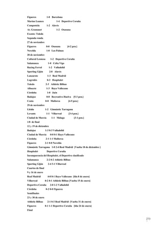 Figueres            1-0 Barcelona
Marino Luanco                 1-4 Deportivo Coruña
Compostela          1-2 Alavés
At. Gramanet                  1-2 Osasuna
Exento: Toledo
Segunda ronda
27 de noviembre
Figueres            0-0 Osasuna           [4-2 pen.]
Novelda             1-0 Las Palmas
28 de noviembre
Cultural Leonesa        1-2 Deportivo Coruña
Salamanca            1-0 Celta Vigo
Racing Ferrol         1-2 Valladolid
Sporting Gijón         2-0 Alavés
Lanzarote            1-3 Real Madrid
Logroñés             0-3 Hospitalet
Toledo             2-3 Athletic Bilbao
Albacete            1-3 Rayo Vallecano
Córdoba              1-0 Jaén
Badajoz             0-0 Recreativo Huelva       [5-3 pen.]
Ceuta              0-0 Mallorca           [4-5 pen.]
29 de noviembre
Lleida             1-2 Gimnàstic Tarragona
Levante             1-1 Villarreal         [3-4 pen.]
Ciudad de Murcia         1-1 Málaga             [3-1 pen.]
1/8 de final
12 y 19 de diciembre
Badajoz            1-3 0-3 Valladolid
Ciudad de Murcia        0-0 0-1 Rayo Vallecano
Córdoba            2-1 1-1 Mallorca
Figueres           2-1 0-0 Novelda
Gimnàstic Tarragona 1-0 2-4 Real Madrid [Vuelta 18 de diciembre ]
Hospitalet          Deportivo Coruña
Incomparencia del Hospitalet, el Deportivo clasificado
Salamanca           2-2 0-2 Athletic Bilbao
Sporting Gijón       2-4 3-1 Villarreal
Cuartos de final
9 y 16 de enero
Real Madrid          4-0 0-1 Rayo Vallecano [Ida 8 de enero]
Villarreal         0-2 0-1 Athletic Bilbao [Vuelta 15 de enero]
Deportivo Coruña       2-0 1-2 Valladolid
Córdoba            0-2 0-0 Figueres
Semifinales
23 y 30 de enero
Athletic Bilbao      2-1 0-3 Real Madrid [Vuelta 31 de enero]
Figueres           0-1 1-1 Deportivo Coruña [Ida 24 de enero]
Final


                                                                    273
                                                                    2
 