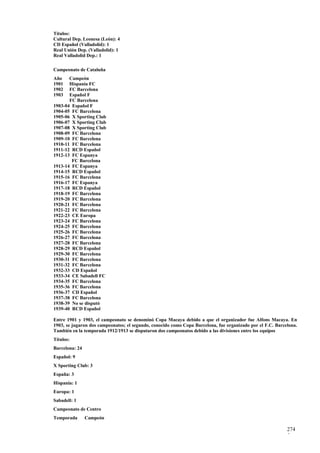 Títulos:
Cultural Dep. Leonesa (León): 4
CD Español (Valladolid): 1
Real Unión Dep. (Valladolid): 1
Real Valladolid Dep.: 1

Campeonato de Cataluña
Año    Campeón
1901   Hispania FC
1902   FC Barcelona
1903   Español F
       FC Barcelona
1903-04 Español F
1904-05 FC Barcelona
1905-06 X Sporting Club
1906-07 X Sporting Club
1907-08 X Sporting Club
1908-09 FC Barcelona
1909-10 FC Barcelona
1910-11 FC Barcelona
1911-12 RCD Español
1912-13 FC Espanya
        FC Barcelona
1913-14 FC Espanya
1914-15 RCD Español
1915-16 FC Barcelona
1916-17 FC Espanya
1917-18 RCD Español
1918-19 FC Barcelona
1919-20 FC Barcelona
1920-21 FC Barcelona
1921-22 FC Barcelona
1922-23 CE Europa
1923-24 FC Barcelona
1924-25 FC Barcelona
1925-26 FC Barcelona
1926-27 FC Barcelona
1927-28 FC Barcelona
1928-29 RCD Español
1929-30 FC Barcelona
1930-31 FC Barcelona
1931-32 FC Barcelona
1932-33 CD Español
1933-34 CE Sabadell FC
1934-35 FC Barcelona
1935-36 FC Barcelona
1936-37 CD Español
1937-38 FC Barcelona
1938-39 No se disputó
1939-40 RCD Español

Entre 1901 y 1903, el campeonato se denominó Copa Macaya debido a que el organizador fue Alfons Macaya. En
1903, se jugaron dos campeonatos; el segundo, conocido como Copa Barcelona, fue organizado por el F.C. Barcelona.
También en la temporada 1912/1913 se disputaron dos campeonatos debido a las divisiones entre los equipos
Títulos:
Barcelona: 24
Español: 9
X Sporting Club: 3
España: 3
Hispania: 1
Europa: 1
Sabadell: 1
Campeonato de Centro
Temporada       Campeón

                                                                                                            274
                                                                                                            5
 