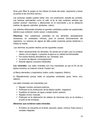 54
Sirve para filtrar la sangre en los riñones (A través del sudor, respiración y heces
se pierde al día dos litros diarios.).
Las personas adultas pueden beber vino, con moderación, durante las comidas.
Las bebidas estimulantes como el café, el té, la cola contienen xantinas que
pueden producir insomnios y alteraciones en el crecimiento y en la utilización
nutritiva de algunos nutrientes (proteínas, calcio).
Las bebidas refrescantes tomadas en grandes cantidades pueden ser perjudiciales
debido a que contienen mucho azúcar o edulcorantes.
Vitaminas: Son substancias presentes en los alimentos absolutamente
necesarias, en cantidades mínimas, para el correcto funcionamiento del
organismo. La carencia de alguna de ellas puede ocasionar graves trastornos e
incluso la muerte.
Las vitaminas se pueden destruir por las siguientes causas:
 Hervir excesivamente los alimentos. Se pierde por el calor y por su contacto
intenso con el oxígeno o pasando al agua en su calidad de hidrosoluble.
 Por ciertos factores atmosféricos: luz, humedad, aire.
 La acción de algunos microorganismos.
 Durante algunos procesos industriales.
Los minerales: Las sales minerales son muy importantes ya que el 4% de los
tejidos humanos es material mineral. Pueden ser:
a) Macro elementos o mayoritarios (calcio, sodio, magnesio, fósforo).
b) Oligoelementos porque están en pequeñas cantidades (yodo, hierro, zinc,
selenio).
Las sales minerales son importantes por:
 Regulan muchos procesos químicos.
 Participan en la construcción de los tejidos (azufre, magnesio).
 Equilibran el volumen de agua y sangre (sodio, potasio).
 Regulan el tono muscular.
 Participan en la elaboración de síntesis de hormonas (zinc en la insulina y
el yodo en las tiroideas).
Alimentos que contienen sales minerales
o El fósforo se encuentra en la leche, pescado, queso, marisco, frutos secos y
cereales integrales.
 