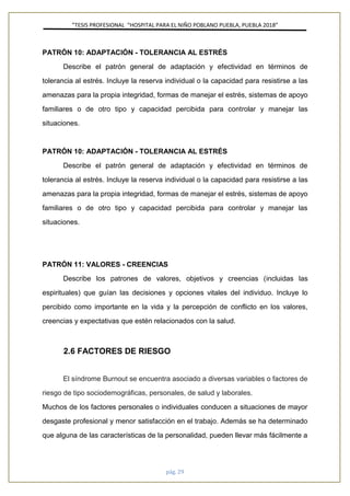 ”TESIS PROFESIONAL “HOSPITAL PARA EL NIÑO POBLANO PUEBLA, PUEBLA 2018”
pág. 29
PATRÓN 10: ADAPTACIÓN - TOLERANCIA AL ESTRÉS
Describe el patrón general de adaptación y efectividad en términos de
tolerancia al estrés. Incluye la reserva individual o la capacidad para resistirse a las
amenazas para la propia integridad, formas de manejar el estrés, sistemas de apoyo
familiares o de otro tipo y capacidad percibida para controlar y manejar las
situaciones.
PATRÓN 10: ADAPTACIÓN - TOLERANCIA AL ESTRÉS
Describe el patrón general de adaptación y efectividad en términos de
tolerancia al estrés. Incluye la reserva individual o la capacidad para resistirse a las
amenazas para la propia integridad, formas de manejar el estrés, sistemas de apoyo
familiares o de otro tipo y capacidad percibida para controlar y manejar las
situaciones.
PATRÓN 11: VALORES - CREENCIAS
Describe los patrones de valores, objetivos y creencias (incluidas las
espirituales) que guían las decisiones y opciones vitales del individuo. Incluye lo
percibido como importante en la vida y la percepción de conflicto en los valores,
creencias y expectativas que estén relacionados con la salud.
2.6 FACTORES DE RIESGO
El síndrome Burnout se encuentra asociado a diversas variables o factores de
riesgo de tipo sociodemográficas, personales, de salud y laborales.
Muchos de los factores personales o individuales conducen a situaciones de mayor
desgaste profesional y menor satisfacción en el trabajo. Además se ha determinado
que alguna de las características de la personalidad, pueden llevar más fácilmente a
 