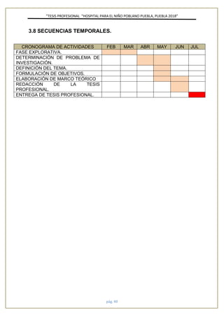 ”TESIS PROFESIONAL “HOSPITAL PARA EL NIÑO POBLANO PUEBLA, PUEBLA 2018”
pág. 40
3.8 SECUENCIAS TEMPORALES.
CRONOGRAMA DE ACTIVIDADES FEB MAR ABR MAY JUN JUL
FASE EXPLORATIVA.
DETERMINACIÓN DE PROBLEMA DE
INVESTIGACIÓN.
DEFINICIÓN DEL TEMA.
FORMULACIÓN DE OBJETIVOS.
ELABORACIÓN DE MARCO TEÓRICO
REDACCIÓN DE LA TESIS
PROFESIONAL.
ENTREGA DE TESIS PROFESIONAL.
 