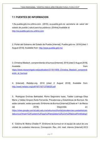 ”TESIS PROFESIONAL “HOSPITAL PARA EL NIÑO POBLANO PUEBLA, PUEBLA 2018”
pág. 87
7.1 FUENTES DE INFORMACION
1.Ss.puebla.gob.mx.url4mx.com. (2018). ss.puebla.gob.mx secretaría de salud del
estado de puebla | salud para los poblanos. [Online] Available at
http://ss.puebla.gob.mx.url4mx.com
2. Portal del Gobierno del Estado de Puebla [Internet]. Puebla.gob.mx. 2018 [cited 1
August 2018]. Available from: http://www.puebla.gob.mx/
3. Christina Maslach, comprendiendo el burnout [Internet]. 2016 [cited 2 August 2018].
Available from:
https://www.researchgate.net/publication/311611859_Christina_Maslach_comprendi
endo_el_burnout
4. [Internet]. Redalyc.org. 2010 [cited 2 August 2018]. Available from:
http://www.redalyc.org/pdf/167/16713758020.pdf
5. Rodríguez Encinas Bethsabel, Romo Segoviano Isaac, Taddei Lizárraga Elisa
María y Valdez Amparo Karla Fernanda. Prevalencias y Estadísticas de Burnout. No
estás cansado, estás quemado: Síndrome de Burnout [Internet] [Citado el 1 de Marzo
del 2018] Disponible en:
https://sites.google.com/a/uabc.edu.mx/sxburnout/home/prevalencias-y-estadisticas-
deburnout?tmpl=%2Fsystem%2Fapp%2Ftemplates%2Fprint%2F&showPrintDialog1
6. Coloma M, Molina Chailán P. Síndrome de burnout en el equipo de salud de una
unidad de cuidados intensivos, Concepción. Rev. chil. med. intensiv [Internet] 2013
 
