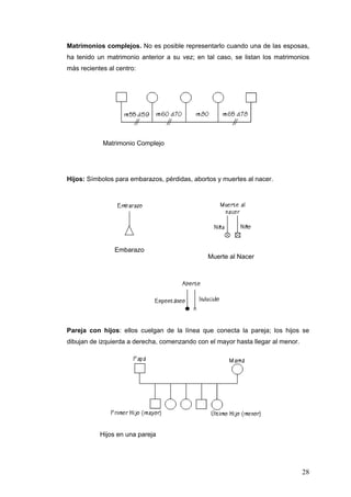 28
Matrimonios complejos. No es posible representarlo cuando una de las esposas,
ha tenido un matrimonio anterior a su vez; en tal caso, se listan los matrimonios
más recientes al centro:
Matrimonio Complejo
Hijos: Símbolos para embarazos, pérdidas, abortos y muertes al nacer.
Embarazo
Pareja con hijos: ellos cuelgan de la línea que conecta la pareja; los hijos se
dibujan de izquierda a derecha, comenzando con el mayor hasta llegar al menor.
Hijos en una pareja
Muerte al Nacer
 