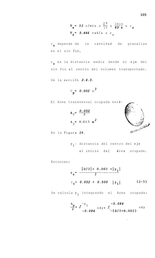 105

                                2n   lmin
              V s = 5 2 r/min x -- x ---- x r s
                                lr   60 s
             V s = 5.446 radls x r s


r       depende de          la      cantidad          de        granallas
    S

en e l sin fin.


r       es la distancia          media         desde       el    eje    del
    S

sin fin a 1 centro del volumen transportado.


De la secci6n 2.4.3.

                                    3
              V       =   0.002 m
                  P

El Area transversal ocupada serd:

                  0.002
              A = -----
               P    P
                                    2
              A = 0.013 m
                  P

En la figura 2 6 .


              yl: distancia del centro del eje

                          a1 inicio       del.       area        ocupada.


Entonces:




              r S = 0.052 + 0.500                   lyll               (2-5)


Se calcula y 1 integrando                      el     Area       ocupada:


              A                                 -0.084
              -I?= { -y1                xdy+   r-                      XdY
              2
                           -0.084               -(D/2+0.002)
 