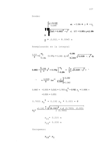 107


Donde:



                          0.6364
                                                      si - 0.084 c. y    < - y1



               "I
               D
                         d(D/2 + 0.002)2


               - + .O.002. = 0 , 1 0 4 5 m
               2 '
                                             -y
                                              "       si D/2 + O.OO2<y<:6.084




Reemplazando e n la integral


0.013 =Jyl
        -.      (1.571~+ 0.192) dy             +I- . J
                                                 -0*084          m       d     y
         -0.084                                   -.%
                                                   015




  _.
   L
         +-0 21 9 -l
            . 0 -
             0                        y--]   -0.084
                                    0.1045 -0.1W5


0.0065 = -0.0055 + 0 0 6 + 0.7855 y
                    .11         :                 - 0.192   y1 + 0.0086 -

         -0.0026         - 0.0051

0.7855 y 1 2         -    0.192 y 1 + 0.005              = 0

                                                                     1
               +
      +0.192   -     J(0.192)*    - 4 (0.7855) (0.005)
Y1=                           2 (0.7855)


               y l l = 0.215 m

               y12= 0.030 m


Escogemos:
 