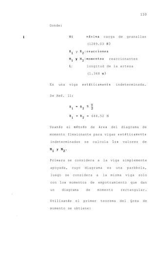 110


Donde:


             Wt'              mdxima          carga          de    granallas

                               (1289.03 N )

                 R1 y R2:reacciones
                 M1    y M2:momentos               reaccionantes

                 L:            longitud de la artesa

                               (1.368 m)


Es    una        viga       eststicamente               indeterminada.


De Ref. 11:

                               - W
                 R1    =    R2 - -
                                 2

                 R1 = R2       =   644.52 N


Usando      el mgtodo              de       Brea   del        diagrama       de

momento flexionante para vigas estgticamente

indeterminadas               se     calcula            10s        valores    de




Primer0 se considera a                        la viga         simplemente

apoyada,          cuyo        diagrama            es    una        parbbola,

luego       se        considera         a    la    misma           viga     solo

con   10s        momentos          de   empotramiento                que    dan

un      diagrama              de        momento              rectangular.


Utilizando             el    primer         teorema          del     Qrea     de

momento se obtiene:
 