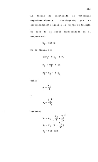 126


La     fuerza       de              excavacidn        se   determin6

experimentalmente.                         Concluyendo      que      es

a p r o x i m a d a m e n t e i g u a l a l a f u e r z a d e fricci6n


El    peso     de    la             carga       representada   en    el

e s q u e m a es:


              W2= 587 N


De la f i g u r a 3 6 :




              N 3 - W 2= M a n



              N 3= W 2 + M a n


Como :




Y
                            2
                    "0
              a =
               n
                    ---
                     r
                            1


Tenemos:
                                                 2
                                     w2     vo
                                          x --
              N3=       2       +    --     :1

              N3=   W           (1
                        2                 r a
                                           1-
              N3=   968.63N
 
