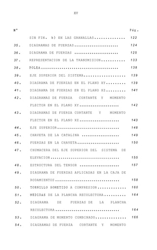 xv


No                                                                        PBg   .
         SIN FIN   .   b ) EN LAS GRANALLAS   ..............              122

35   .   DIAGRAMAS DE      FUERZAS .......................                124

36   .   DIAGRAMA D E FUERZAS         .......................             125

37   .   REPRESENTACION DE LA TRANSMISION . . . . . . . . . . .           133

38 .     POLEA   ......................................                   138

39 .     EJE SUPERIOR DEL SISTEMA . . . . . . . . . . . . . . . . . . .   139

40.      DIAGRAMA DE FUERZAS EN EL PLANO XY . . . . . . . . .             139

41   .   DIAGRAMA DE FUERZAS EN EL PLANO XZ . . . . . . . . .             141

42   .   DIAGRAMAS DE FUERZA               CORTANTE       Y   MOMENTO

         FLECTOR EN EL PLANO XY            .....................          142

43   .   DIAGRAMAS DE FUERZA CORTANTE                 Y       MOMENTO

         FLECTOR EN EL PLANO XZ .....................                     143

44   .   EJE SUPERIOR ...............................                     148

45   .   CHAVETA D E L A CATALINA         ....................            149

46   .   FUERZAS EN LA          CHAVETA ......................            150

47   .   CHUMACERA DEL EJE SUPERIOR DEL                   SISTEMA   DE

         ELEVACION ..................................                     155

48   .   ESTRUCTURA DEL TENSOR             .....................          157

49   .   DIAGRAMA DE FUERZAS APLICADAS EN L A CAJA DE

         RODAMIENTOS ................................                     158

50   .   TORNILLO SOMETIDO A COMPRESION . . . . . . . . . . . . .         160

51 .     MEDIDAS DE LA PLANCHA RECOLECTORA . . . . . . . . . .            164

52 .     D IAGRAMA         DE       FUERZAS DE        LA      PLANCHA

         RECOLECTORA     ................................                 164

53   .   DIAGRAMA      DE MOMENTO COMBINADO . . . . . . . . . . . . . .   166

54   .   DIAGRAMAS DE FUERZA               CORTANTE       Y   MOMENTO
 