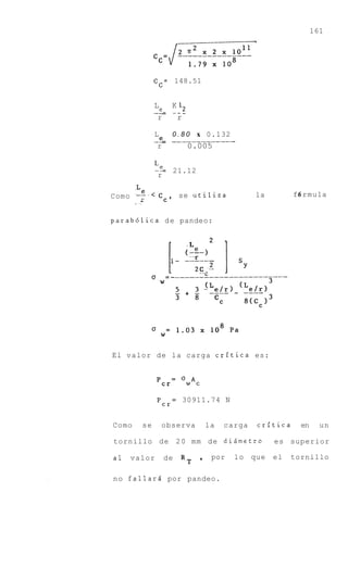 161




              Cc= 148.51


              L    K l2
              -- ___
                e-
               r          r

              L   0 . 8 0 x 0.132
              -52 __________-_-
               r        0.005

              L
              -2 21.12
               r

Como                      se utiliza              la         f 6 rmu 1 a
         r

parab6lica d e pandeo:




El valor de la carga critica es:


               'cr=       'A
                           wc

                      =       30911.74 N
               'r
                c

Como     se       observa            la   carga    critica     en     un

tornillo de 2 0 m m de di5metro                         es superior

a1     valor       de                 por   lo    que   el   tornillo
                          RT     '

no fallarg por pandeo.
 