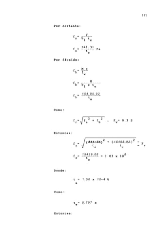 171


Por cortante:




Por f l e x i 6 n :




              f       = ___-__-_- 2
                        154.95.9
                  b         t
                                e


Como :




Entonces:

                                          2                  2
                           (---"--) 3 1
                             341              + (--------)
                                                 15495.92        -
                  r                                              - Fv
                                    te              tC


              f         15499.68
                      = -------- = 1 0 3          x 1 08
                  r
                           te


Donde:

              t = 1 . 5 0 x 1 0- 4 q
               e


Como :


              t = 0.707              a
               e

Entonces:
 
