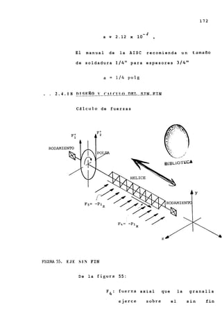 172


                                                        -4
                                 a    F    2.12 x 10         ,

                 El    manual         de    la   AISC    recomienda          un    tamaao

                 d e s o l d a d u r a 114" p a r a e s p e s o r e s 3 1 4 "




. .   2 . 4 . 1 8 . .I S E . .O. .Y. . CALCULO . DEL . . . . . . .
                  D .. B               . . . . . . . . . . SIN FIN

                  CAlculo de fuerzas




   RODAM




FIGURA55.   E J E S I N FIN


                   D e l a f i g u r a 55:


                                     F4:    fuerza axial         que        la    granalla

                                            ejerce       sobre         el        sin     fin
 