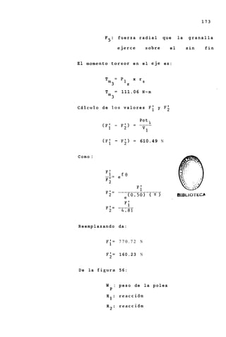 173


              F5: fuerza radial                           que    la   granalla

                           ejerce                 sobre     el        sin    fin


El m o m e n t o t o r s o r e n e l e j e e s :


              T        = P I          x r
                                              S
                  m3              z
              T        =    111.06 N- m
                  m3

C A l c u l o d e 1 0 s v a l o r e s F i y F;

                                          Pot.



            (Fi        -    F;)       =   610.49 N


Como :




Reemplazando da:


              Fi= 770.72                  N


              F;=          160.23 N


De la f i g u r a 56:


              W       : peso de               la polea
                  P
              Rl: reacci6n

              R2: r e a c c i 6 n
 