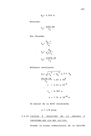 193


                          b l = 0.219 m


        Entonces:




        Por flexibn:




        Esfuerzo resultante

                                             L             L
                           fr= i f s             4-   fb       <
                                                               -   0.3      s
                                                                                Y




                                             = 0.707 a
                                      te

                                        a = 7.71 x 10
                                                                     -4 m


        El m a n u a l de la A I S C r e c o m i e n d a


                           a = 1/8 pulg.


                 Y
2.4.19 _____________________---_---_----_---_---
       CALCULO       SELECCION      DE     LA                                       CHAVETA     Y

        . . . . . . . . . . .D.E.L. . E J E . D E L . . .I . . .F .I .N .
        CHAVETERO                      ... ... S N

        Usando          la m i s m a         nomenclatura                   de      la   seccidn
 