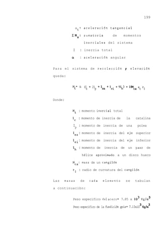 199

                  a    -
                      t-
                           aceleraci6n tangencial

             E M s : sumatoria            de    momentos

                            inerciales del sistema

              I        : inercia total

             a         : aceleracibn angular


Para el sistema de recolecci6n y                        elevaci6n

queda:


             Mt=      01   ( + 21 + 1 + Iei + 9%) +
                            I
                             C   P
                                     -                l a at r,
                                                       m

Donde :


             Mt : momento inercial total

             Ic : momento de inercia de            la      catalina

              I : momento de inercia de una                 polea
                 P
                      : momento de inercia del eje superior
              Ies

              Iei : momento de inercia del eje inferior
              Ih : momento de         inercia de      un   paso    de

                           h6lice aproximado a un disco hueco

             Mca: masa de un cangilbn

             rl : radio de curvatura del cangildn


Las       masas        de     cada   elemento      se      tabulan

a continuacibn:

                                                                    3
              Peso especifico delacero= 7.85 x l o 3 Kg/m
                                                             3      3
              Peso especifico de la fcmdici6n gris= 7.13dO Kg/m
 