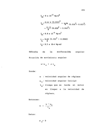 201


                      = 8 x              Kg-m 2
                  Ies


                  I .= 0 . 6 4 x (0.04012             + -1.76   (o.0502+ o,0252)
                   el                                     8
                        +-           (0.0502 + 0.0402>
                                8

                  I .= 8.8 x              Kg-m 2
                   el

                  I = -0.15 (0.2052 + 0.0502 )
                   h     8
                  Ih= 8.3 x 10-4 Kg-m 2


C5lculo               de            la     aceleracidn                  angular


E c u a c i 6 n de m o v i m i e n t o a n g u l a r


                  w=w
                           0
                                + a ta


Donde:

              w       : velocidad angular de r4gimen

                      : velocidad            angular inicial
              w O

               ta:         tiempo que se                tarda      el    motor

                           en       llegar        a     la      velocidad   de

                           rggimen.


Entonces:




Datos:


              w
                  0
                      = o
 