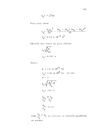 206


             I =         y2dA
             X



Para este caso:




CZilculo d e l r a d i o d e g i r o minim0




             r = 0.101 m
                 X



Datos:


             E       = 2.0      x         Pa

             S = 2.48 x             lo8   Pa   (A- 36)
              Y
             K = 2




             Cc=       126.17




             r          r
                 X          X

             L
             --_ - 2 7 . 1 3
               e
             r
                 X


       e
Como -- < c c          se u t i l i z a   l a f 6 r m u l a parab6lica
     r
         X
de pandeo
 