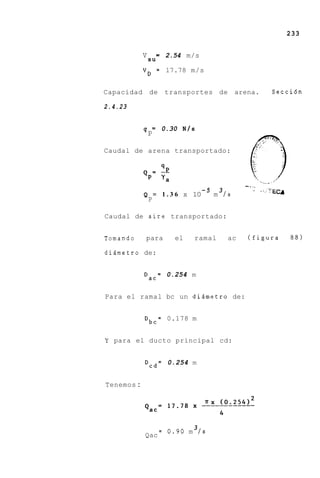 233


            v su=   2.54 m/s

            VD = 17.78 m/s


Capacidad    de     transportes de arena.                Secci6n

2.4.23


            q = 0.30 N / s
             P

Caudal de arena transportado:




                                        - 1 . -


                            -5 3                  -   .-,?-ECA
            Q = 1 . 3 6 x 10  m /s
             P

Caudal de aire transportado:


Tomando     para      el   ramal   ac      (figura               88)

didmetro de:


            Dac= 0.254 m


Para el ramal bc un diimetro de:


            Dbc= 0.178 m


Y para el ducto principal cd:


            Dcd= 0.254 m


Tenemos :




                           3
                  = 0.90 m / s
            Qac
 