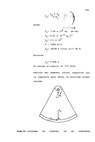 259




                     Donde:                                            "...,.
                                                         z1   .J   L ! {->-Ic q
                                                                          L

                                    P f = 7.44 x lo8 Pa                   (A-36)
                                                        - 3-.                 3
                                    V d = 4.61 x 10             ;e
                                                                   d
                                                                         rn

                                    k d = 2.6   x loJ

                                    F = 1289.03 N

                                    X d = 18144 m ( V i d a i i t i l 80 h).


                     Entonces:


                                    e = 0.006 m
                                     d
                     Se escoge un e s p e s o r de 114 p u l g .


                     Calculo     del      momento       torsor                  requerido   por

                     l a compuerta para d e j a r l a p o s i c i 6 n normal

                     cerrada.




FICXlRA 1%. D I A G R A M A    DE        FUERZAS          DE               LA       CONPUERTA
 