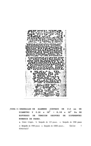 -FIGLJRA 10. GRANALLAS DE       ALAMBRE     CORTADO
                                            3
                                                           DE        0.4   mm    DE
         DIAMETRO       Y     0.16   x    lo8 -     0.18         x   lo8    Pa   DE
         ESFUERZO        DE     TENSION         DESPUES      DE       DIFERENTES
         NUMEROS DE PASES.
         a. G r a m virgen.   b. Despds de 125 pases.     c. Despds de 2500 pases

         d. Despu6s de 5500 pases e. Despds de loo00 pases   .         (Zeiler    Y
         schmithals )
 