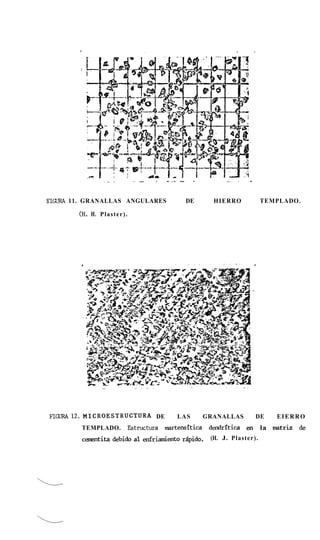 .   .. -         .   -   .   . .- ...    f            .    .
EIGURA 11. GRANALLAS ANGULARES                             DE     HIERRO            TEMPLADO.

        (H. H. P l a s t e r ) .




FIGURA12.MICROESTRUCTURA DE                         LAS         GRANALLAS         DE   EIERRO
         TEMPLADO.                 Estructura rnartensitica dendritica en           la mtrk de
         c-tita          debido a1 &%ento              r5pido.   (H. J. Plaster).
 