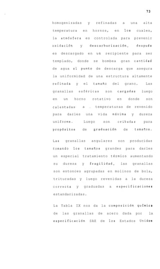 73


homogenizadas               y     refinadas              a        una        alta

temperatura            en        hornos,          en      10s          cuales,

la    atm6sfera            es     controlada            para          prevenir

oxidaci6n          y            descarburizaci6n,                      despu6s

es    descargado            en     un       recipiente            para        ser

templado,       donde            se     bombea          gran          cantidad

de    agua   a1    punto          de       descarga          que       asegura

la uniformidad de una estructura altamente

refinada      y        el        tamafio          del        grano.           Las

granallas         esfgricas                 son     cargadas             luego

en     un    horno               rotativo           en           donde        son

~alentadas:            a     .
                             .    temperaturas               de       revenido

para     darles            una        vida        mdxima          y     dureza

uni forme.             Luego               son      cribadas                 para

prop6sitos             de        graduaci6n              de           tamafios.


Las     granallas                angulares          son          producidas

tomando      10s           tamafios         grandes          para       darles

u n especial           tratamiento               tgrmico aumentando

su     dureza          y        fragilidad,             las       granallas

son entonces agrupadas e n molinos d e bola,

trituradas         y       luego       revenidas             a    la     dureza

correcta      y        graduadas             a     especificaciones

estandarizadas.


L a Tabla     IX nos da la composici6n quirnica

de     las   granallas                de    acero        dada          por     la

especificaci6n               SAE       de    10s        Estados          Unidos
 